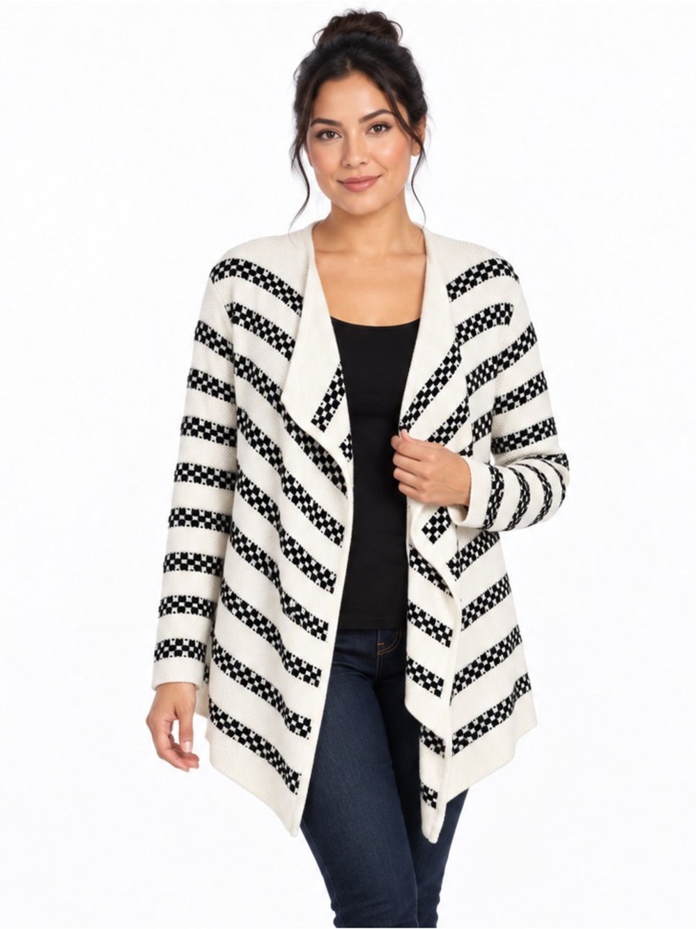 Talbots Cardigan Size MP Black Ivory Striped Open Front Draped Cotton